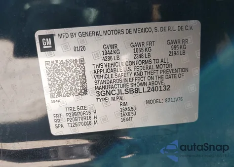 2020 Chevrolet Trax Fwd Lt из США, поврежденный, VIN 3GNCJLSB8LL240132